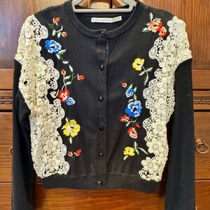 Alice + Olivia Black Cardigan with Floral Embroidery and Lace